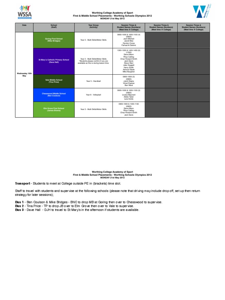 WSSA in School Placements 210512 Names | PDF | Schools