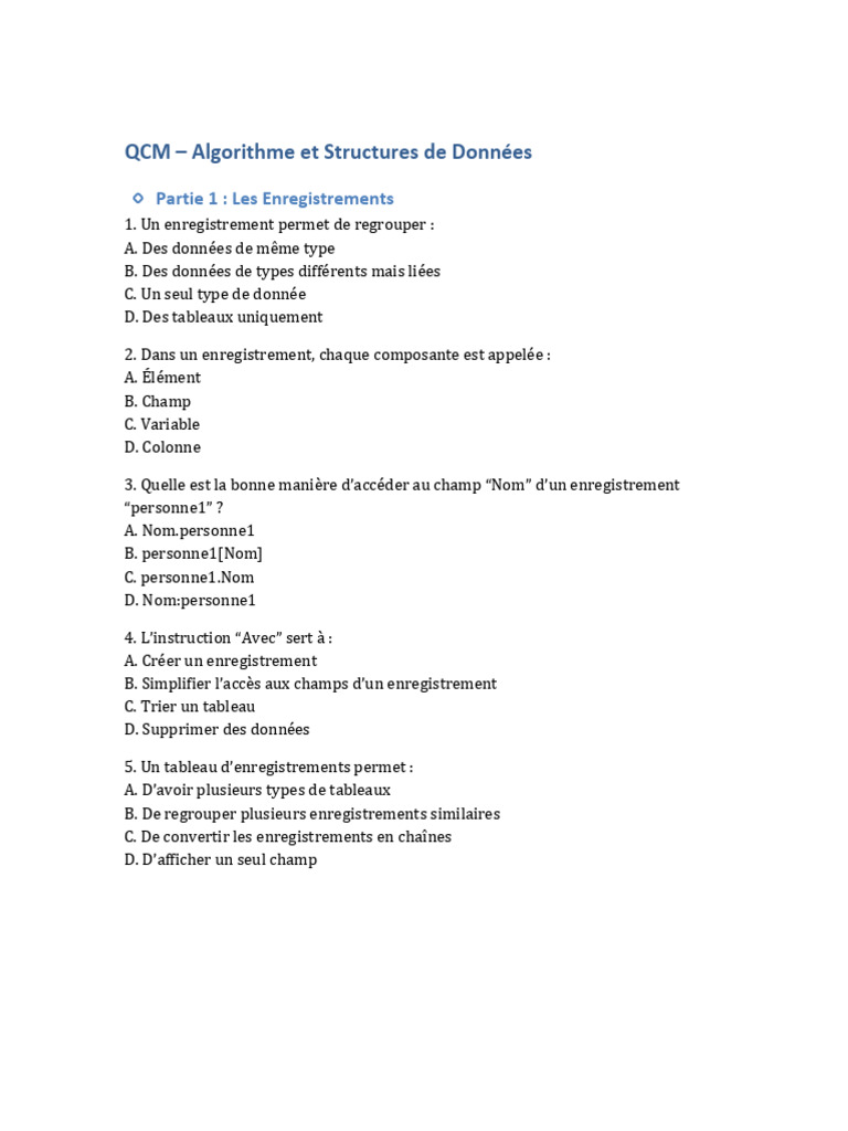 QCM Algorithmes et Structures de Données | PDF | Pointeur ...