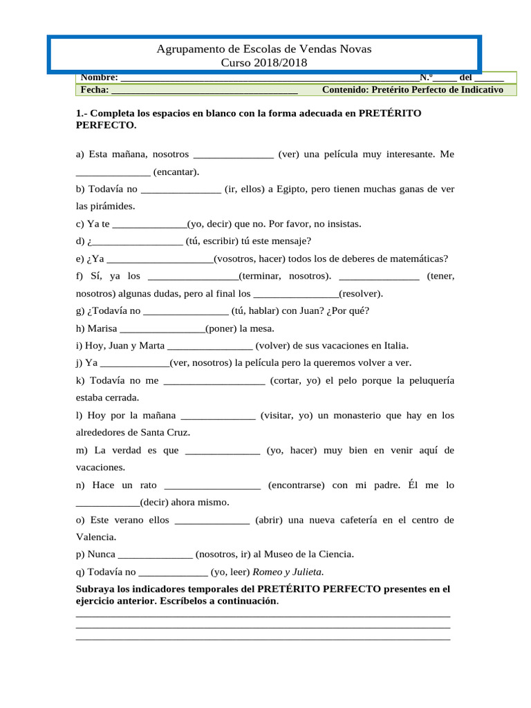 Ejercicio de Pretérito Perfecto en Español | PDF
