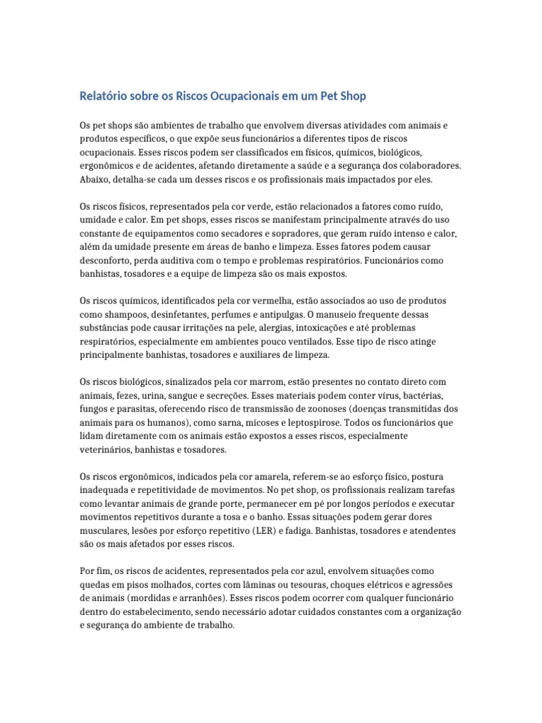 Relatorio Riscos Pet Shop | PDF | Cor | Especialidades médicas, image size:768x1024