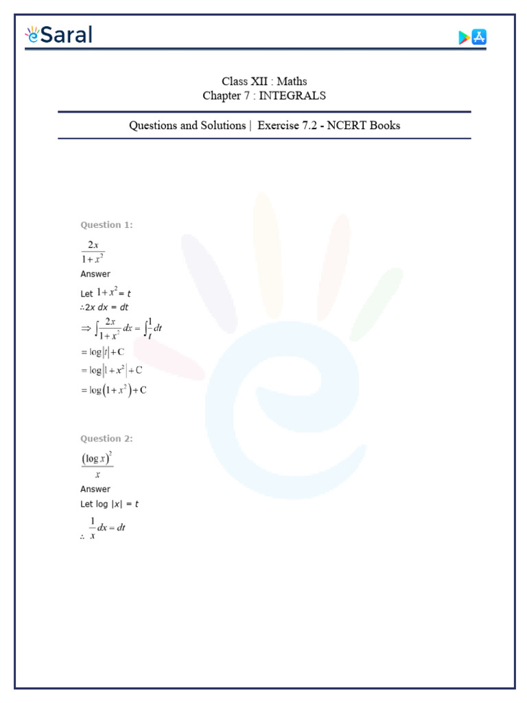 NCERT Solutions For Class 12 Maths Chapter 7 Exercise 7.2 Integrals PDF ...
