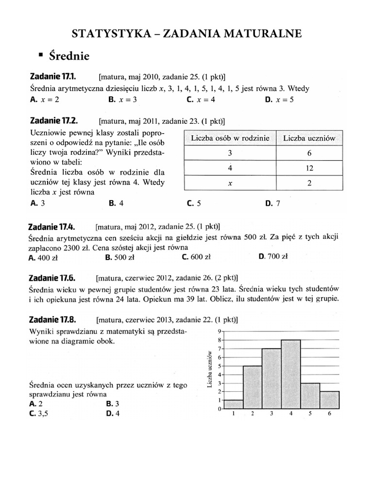 STATYSTYKA - Zadania Maturalne | PDF
