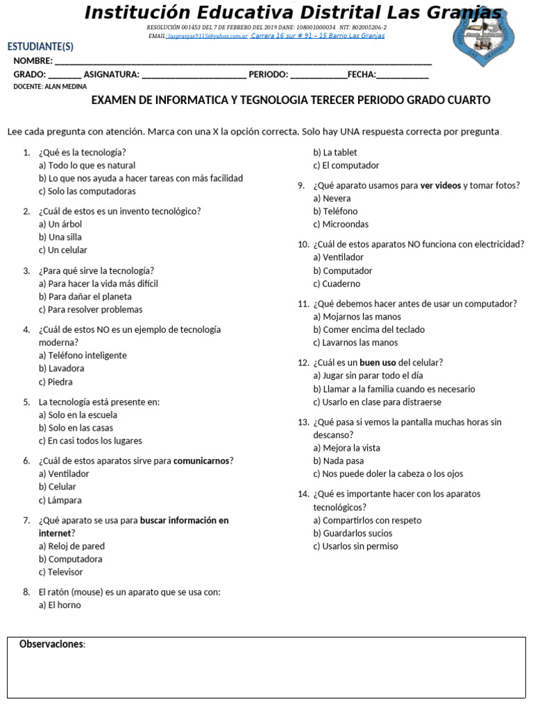 Examen de Informática Cuarto Grado | PDF | Informática