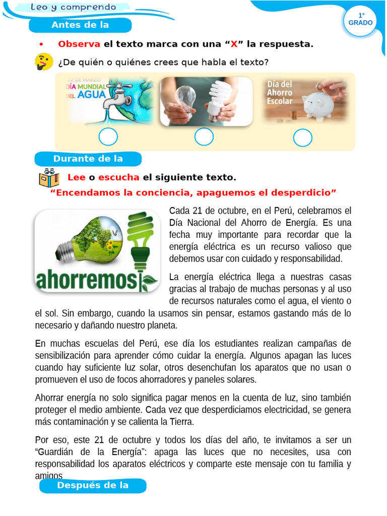 DIA 2 - 1° GRADO - LEO Y COMPRENDO Dia Del Ahorro de La Energia | PDF