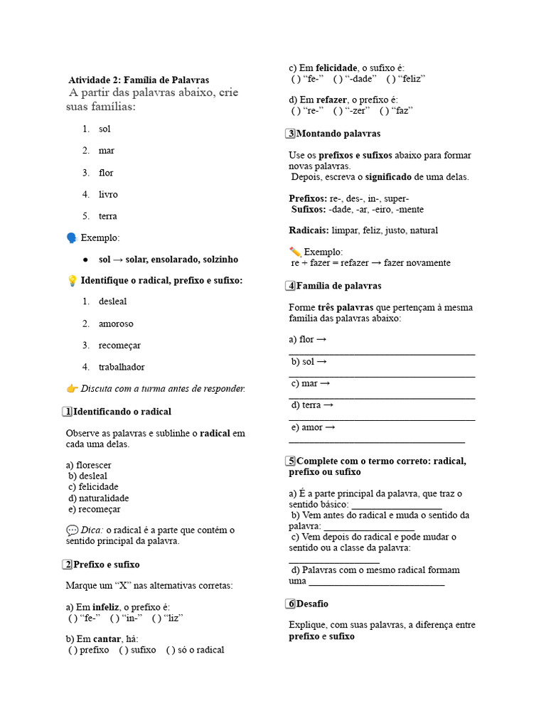 Atividades sobre Família de Palavras | PDF | Linguística | Famílias ...