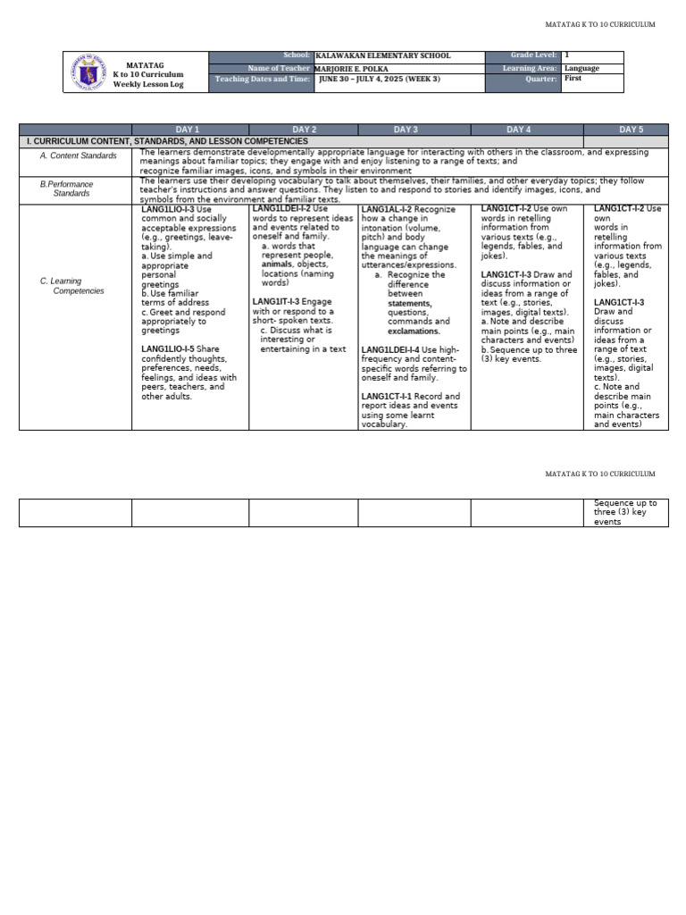 K to 10 Language Lesson Plan | PDF | Curriculum | Vocabulary