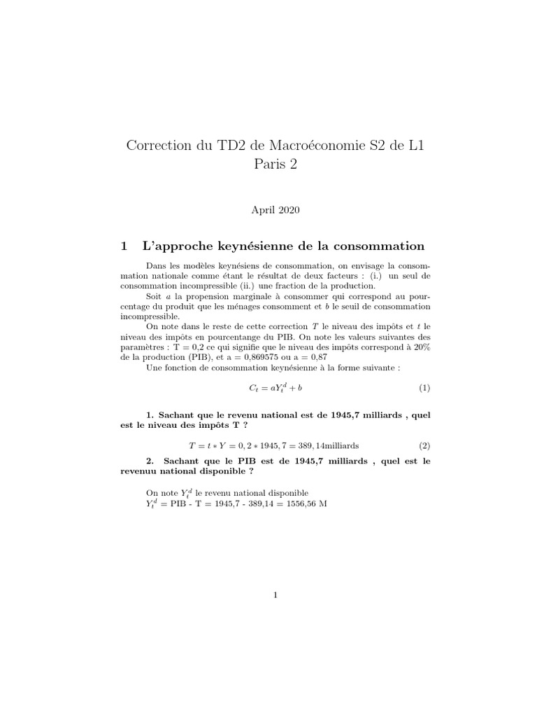 Correction TD2 Macroéconomie S2 L1 | PDF | Consommation (Économie ...