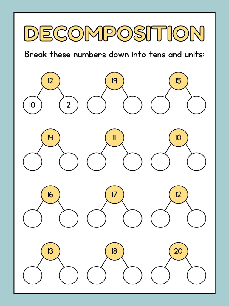Decomposition Grade 1 Mathematics Worksheet in Green Yellow Simple ...