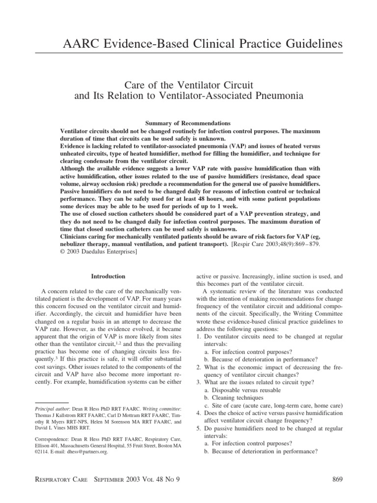 Ventilator Circuit Care Guidelines | PDF | Pneumonia | Evidence Based ...