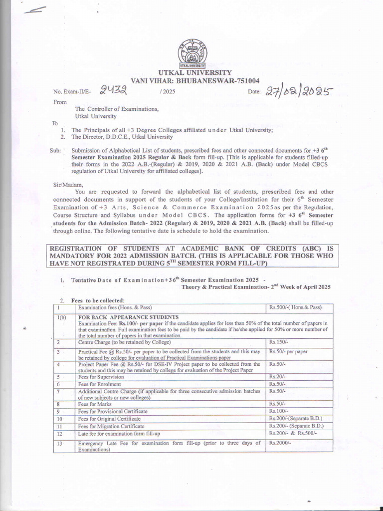 6th Sem Form Fill Up Notice 2025 | PDF