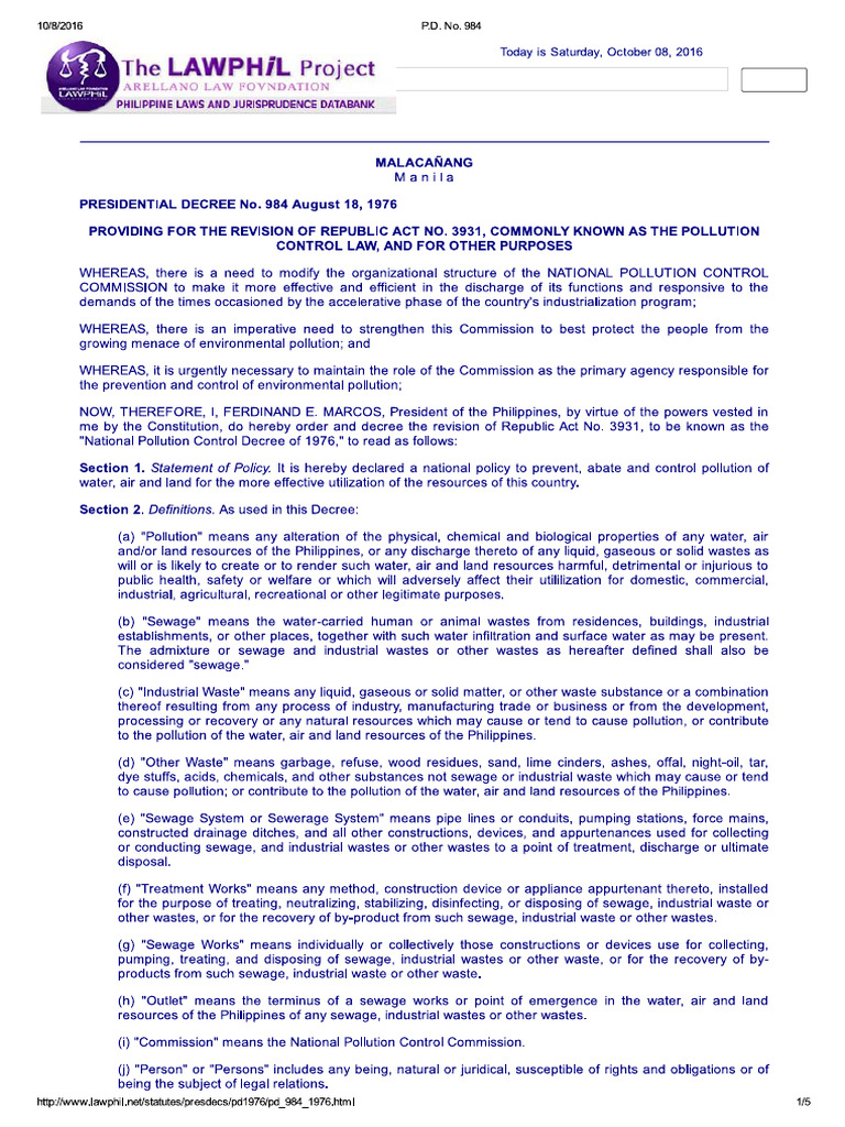 P.D. No 984 (Pollution Control Law) | PDF