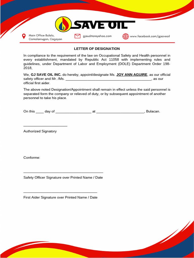 Safety Officer Designation Letter | PDF