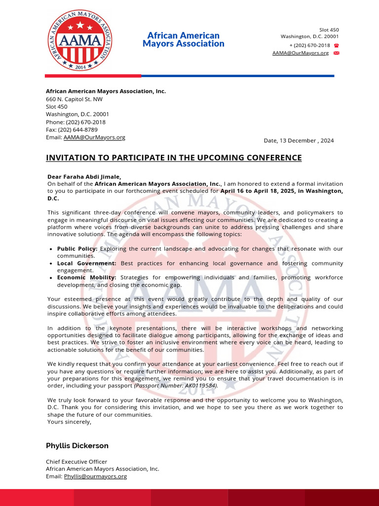 African American Mayors Association Invitation Letter to Faraha Abdi ...