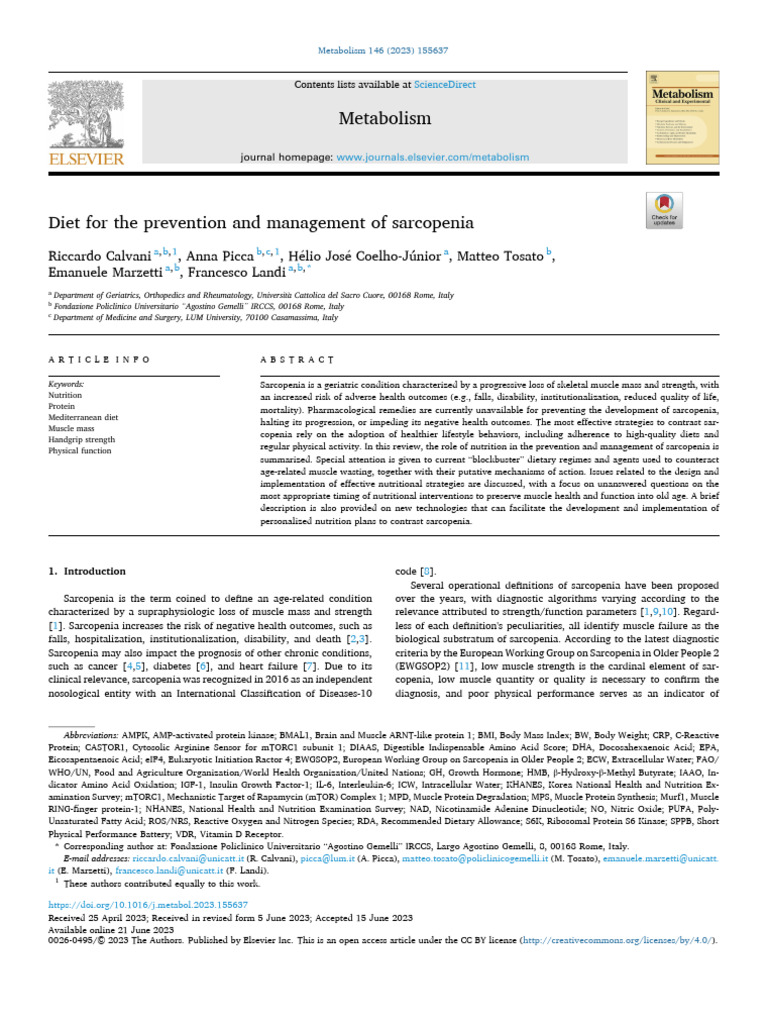 Diet For The Prevention and Management of Sarcopenia 2023 Metabolism ...