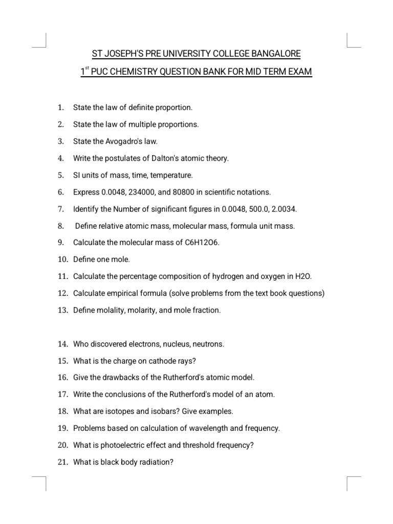 1st PUC Chemistry Question Bank | PDF | Chemical Polarity | Chemical Bond