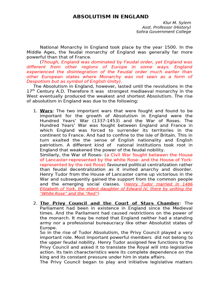 Rise and Fall of English Absolutism | PDF | Parliament | Absolute Monarchy
