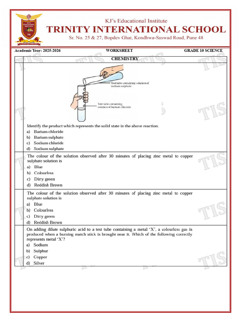 Grade 10 Science Worksheet 2025-2026 | PDF