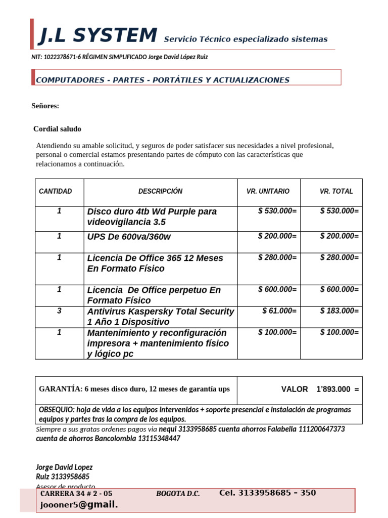 Cotización de Equipos y Servicios Informáticos | PDF