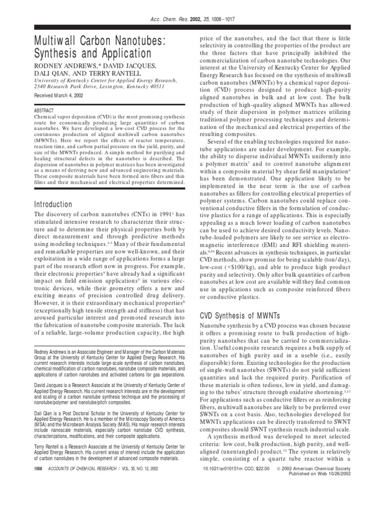 Multiwall Carbon Nanotubes Synthesis and Application | PDF | Carbon ...