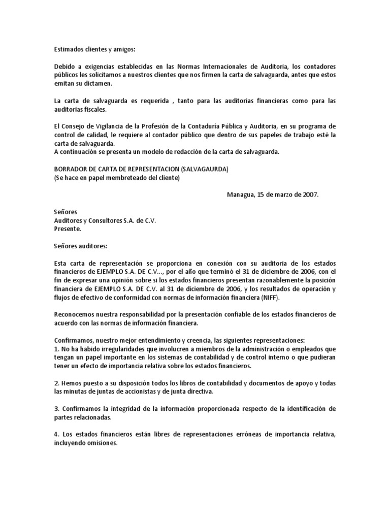 Carta salvaguarda  Auditoría financiera  Contralor, auditor