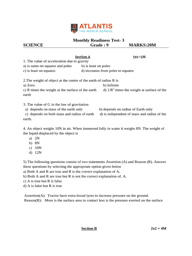 Grade 9 Science Readiness Test | PDF | Weight | Gravity