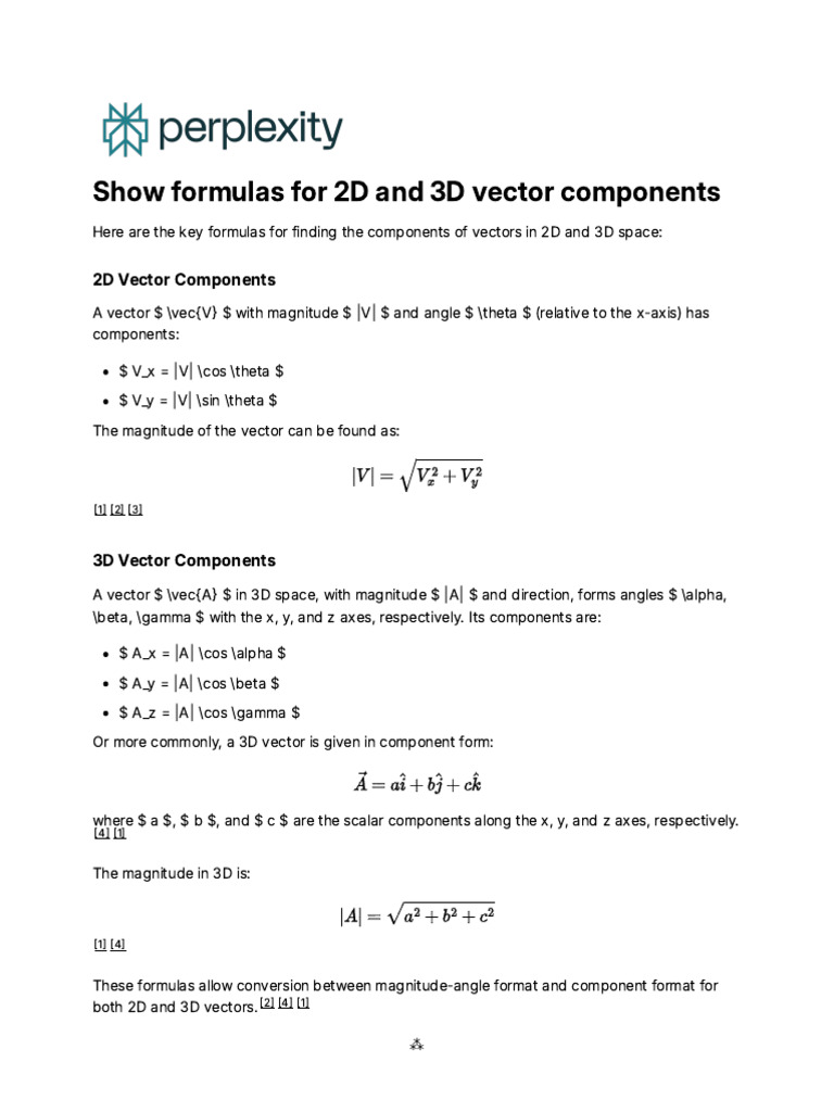 Show Formulas For 2D and 3D Vector Components | PDF