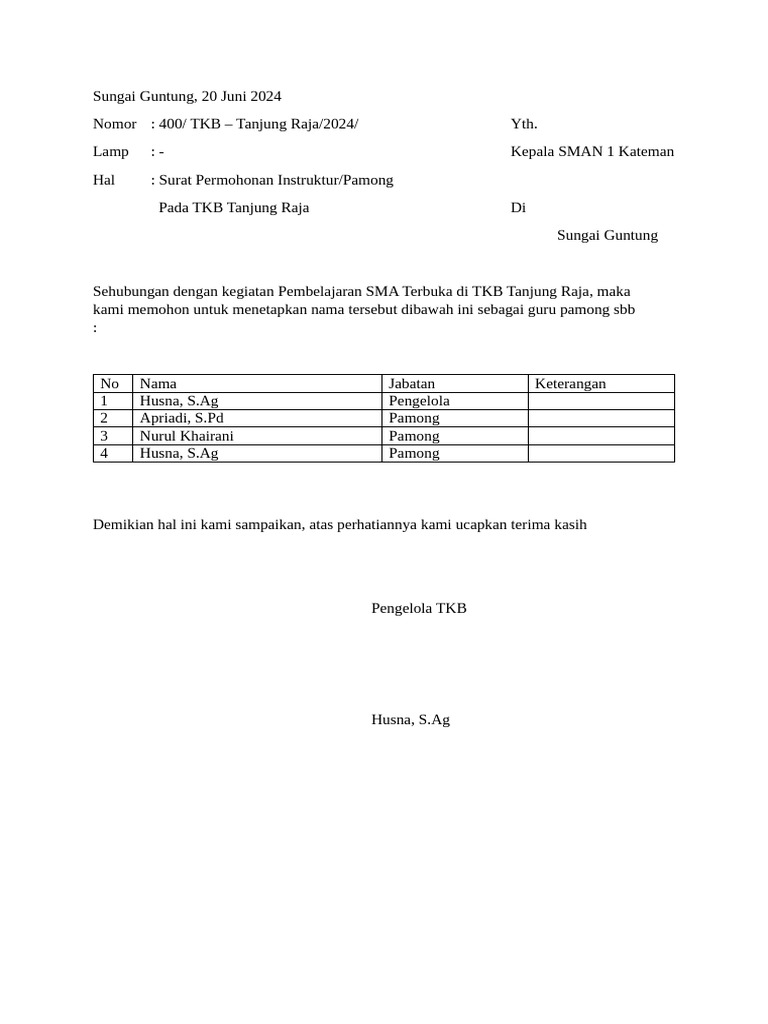 Permohonan Instruktur TKB SMA Terbuka | PDF