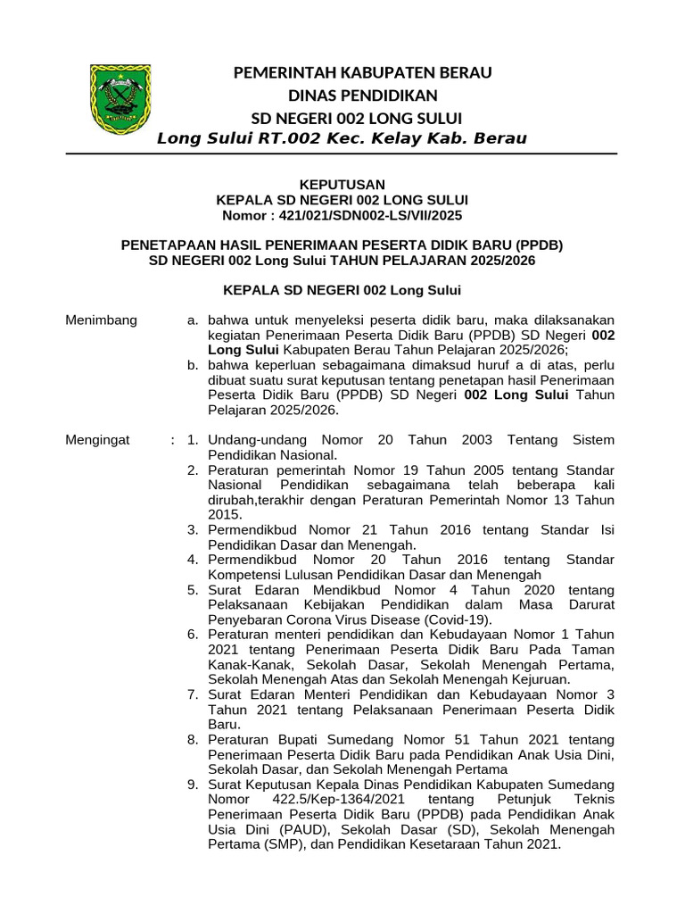 Hasil PPDB SD Negeri 002 Long Sului 2025 | PDF