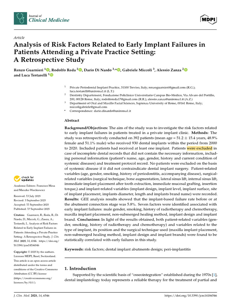 Analysis of Risk Factors Related To Early Implant Failures in Patients ...