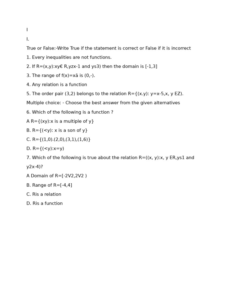 True or False: Functions and Relations Quiz | PDF