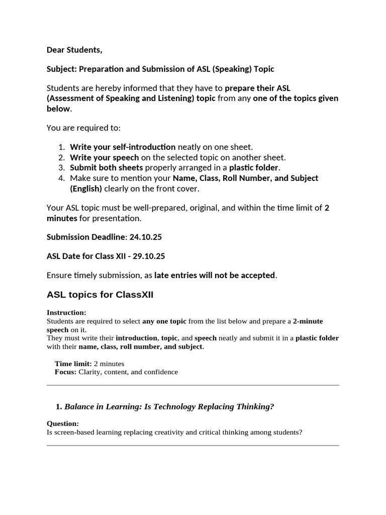 ASL Topic Preparation Guidelines for Students | PDF | Empowerment ...