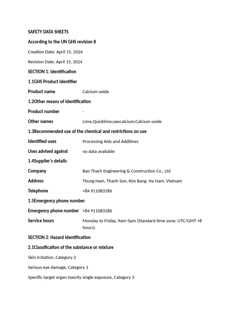 SDS - Canxi Oxide CaO (GHS) | PDF | Dangerous Goods | Water