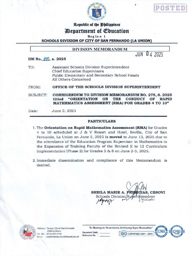 DM 292 Corrigendum To Division Memorandum No. 275 S. 2025 Titled ...