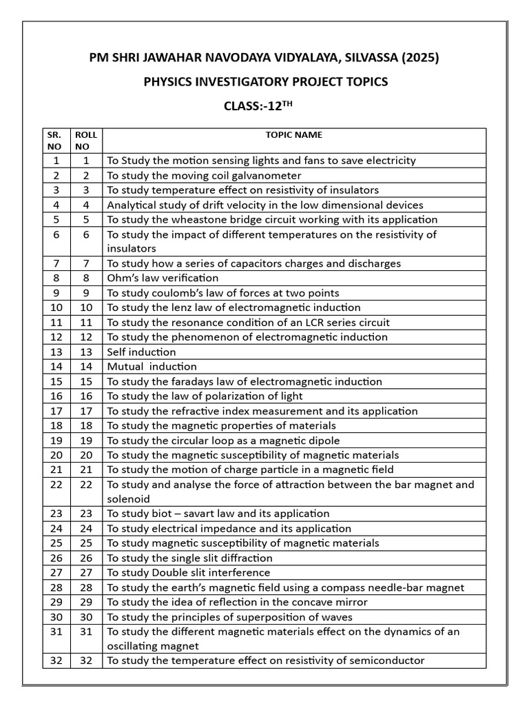 Physics Project Topics for Class 12 | PDF