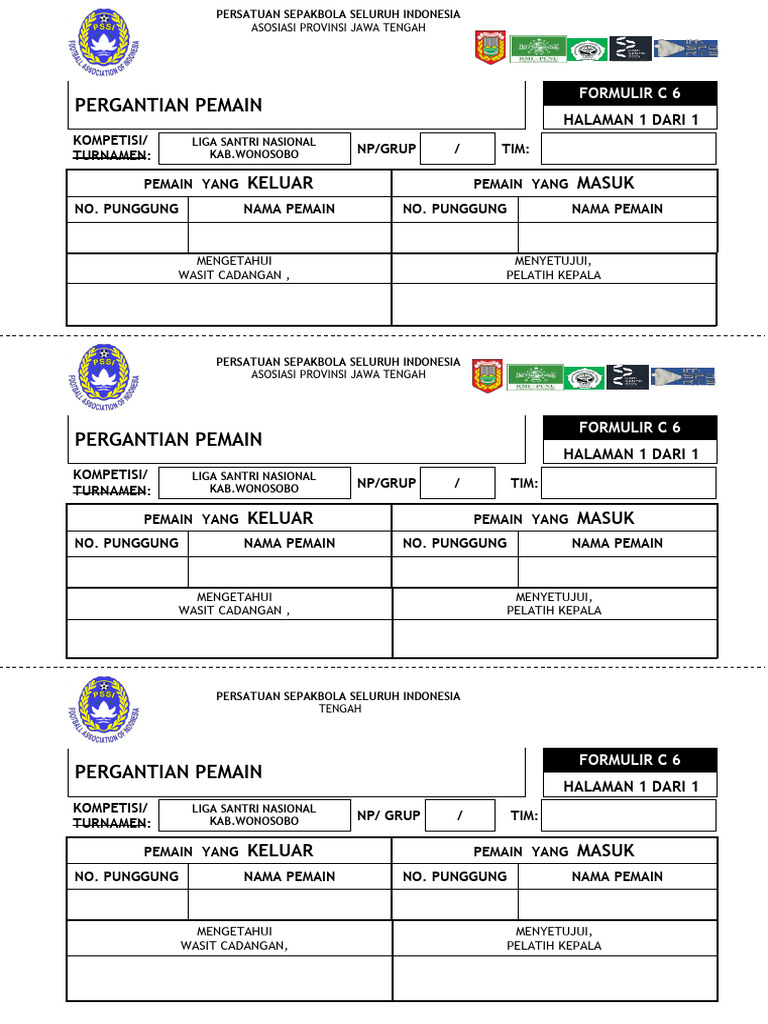 Formulir Pergantian Pemain Liga Santri | PDF