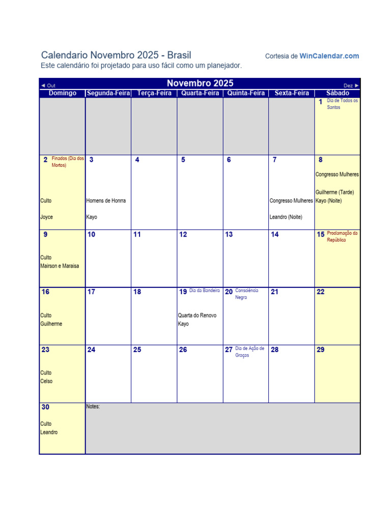 Calendário de Novembro 2025 - Brasil | PDF