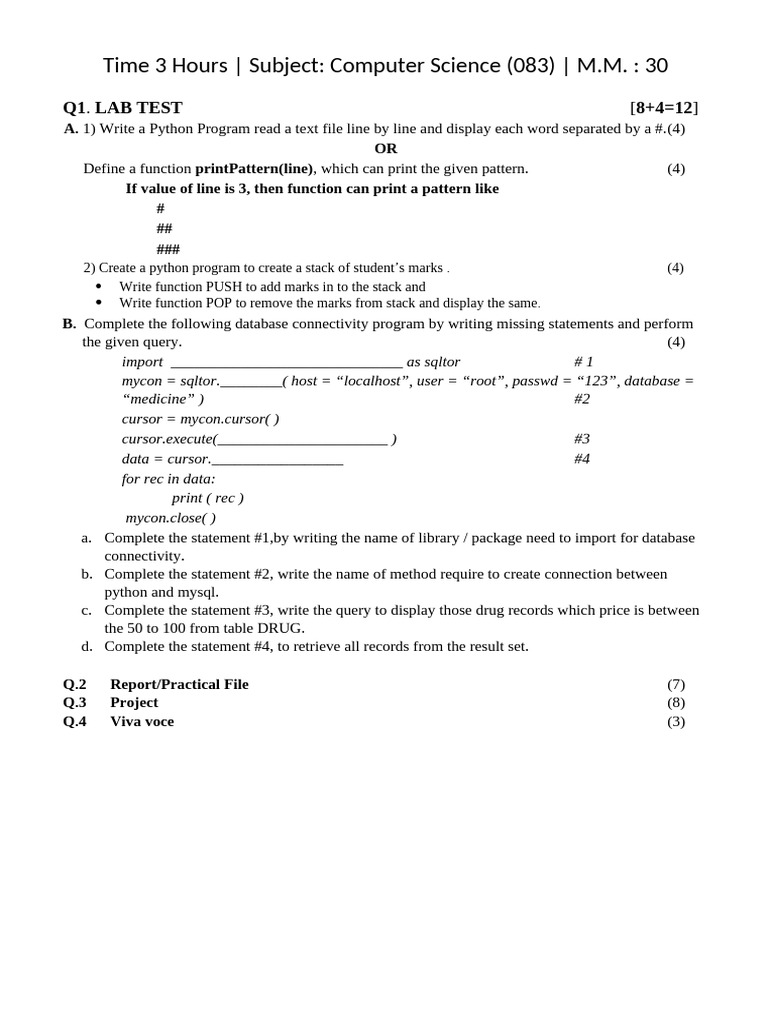 Computer Science Lab Test Python Tasks | PDF