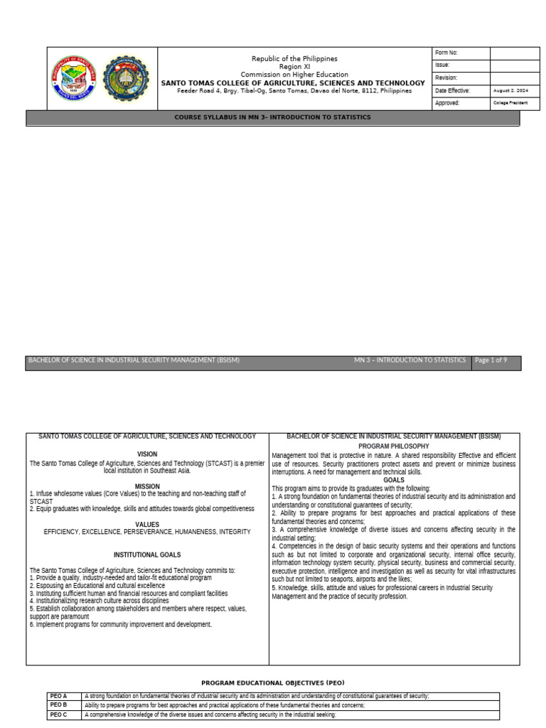 Course Syllabus: Intro to Statistics BSISM | PDF | Statistics | Variance