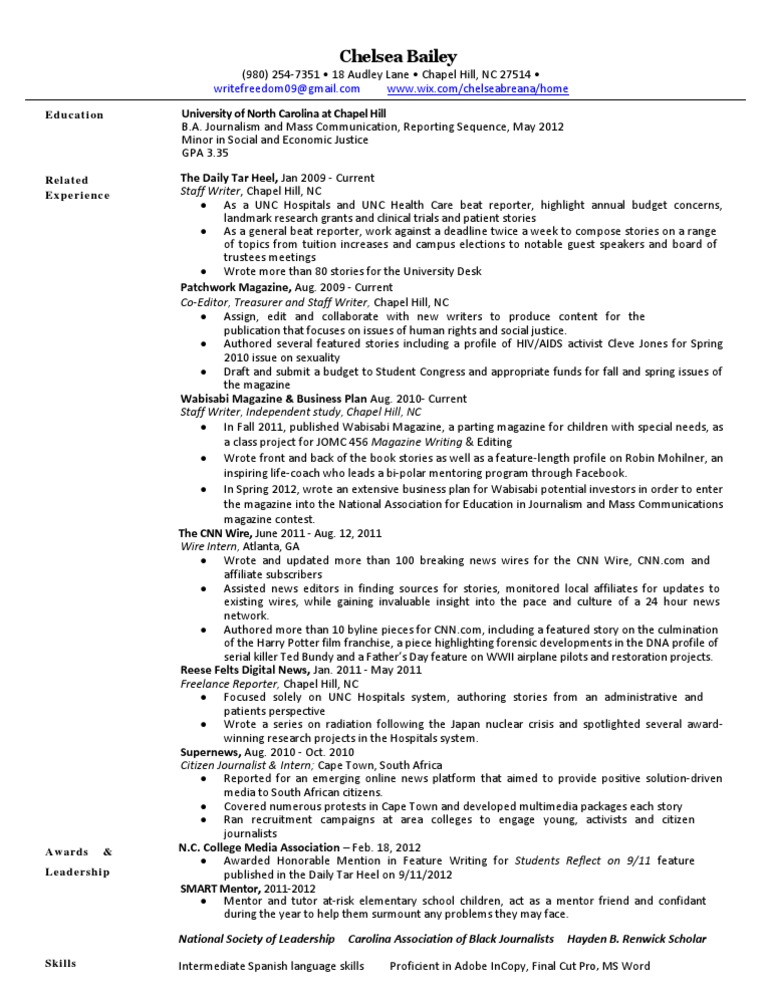 Bailey Resume University Of North Carolina At Chapel Hill News