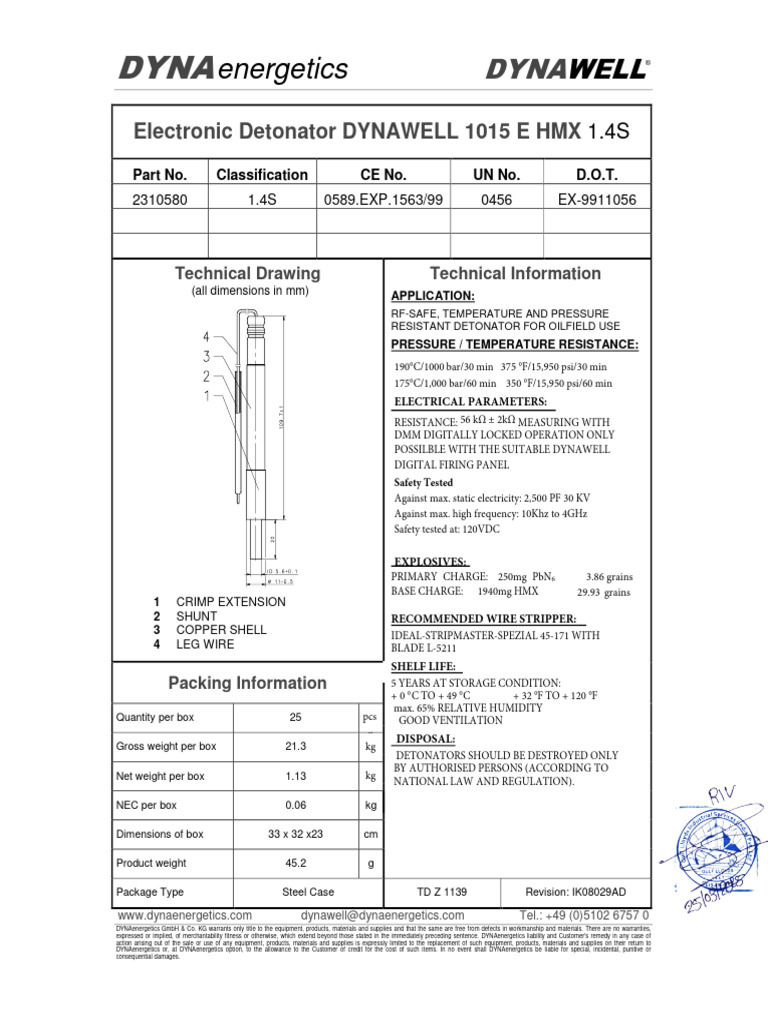 DYNAWELL 1015 E Detonator Specifications | PDF