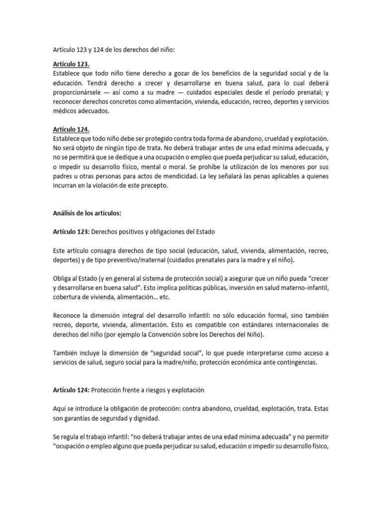 Artículo 123 y 124 de Los Derechos Del Niño | PDF | Derechos de los ...