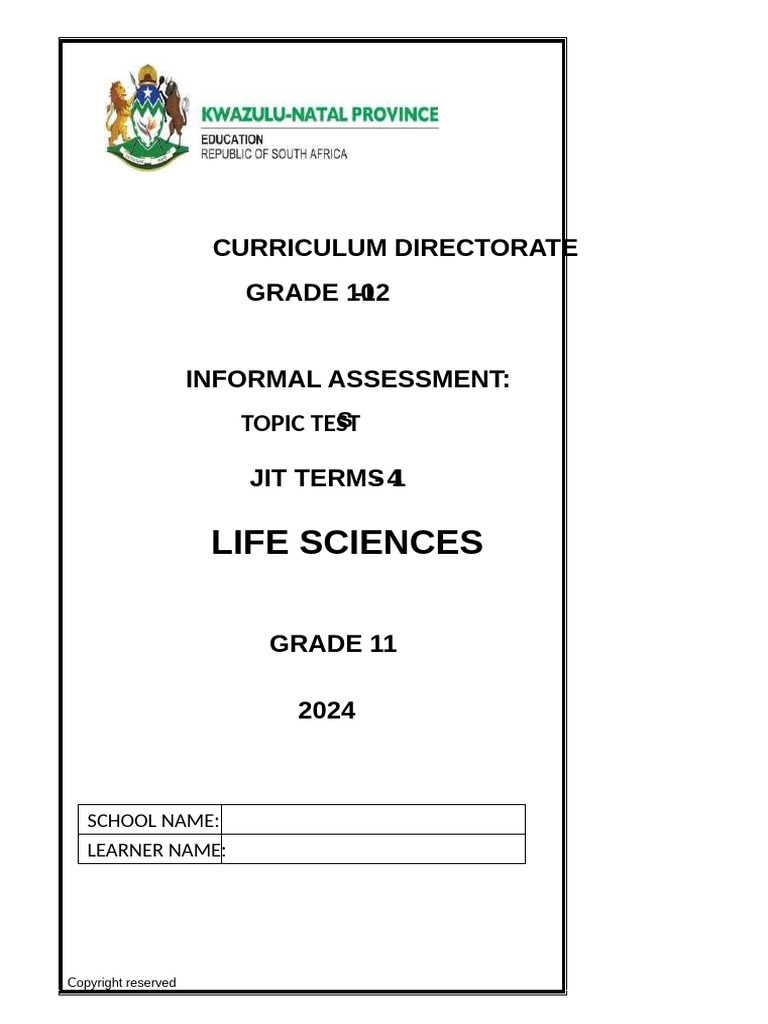 Grade 11 Life Sciences Topic Test 2024 | PDF | Digestion | Cellular ...