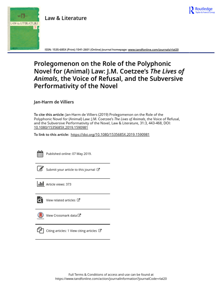 Prolegomenon On The Role of The Polyphonic Novel For Animal Law J.M ...