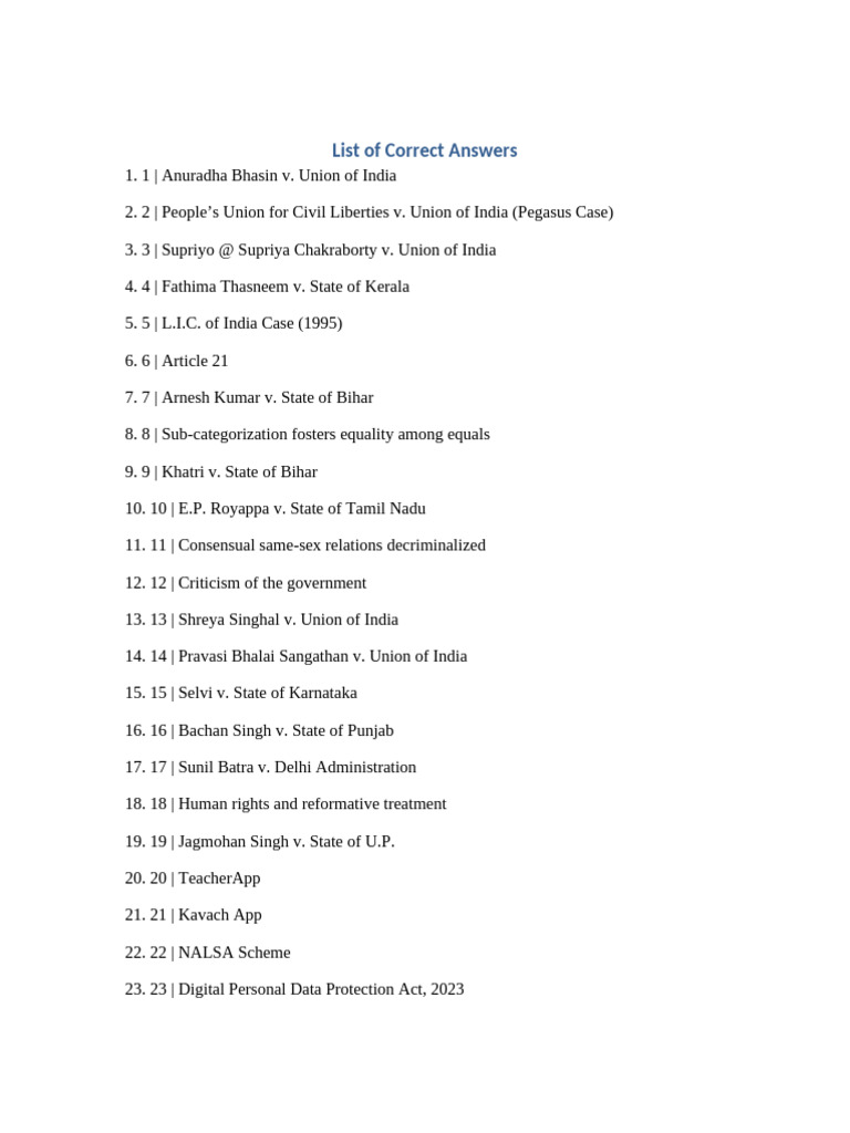 List of Correct Answers | PDF