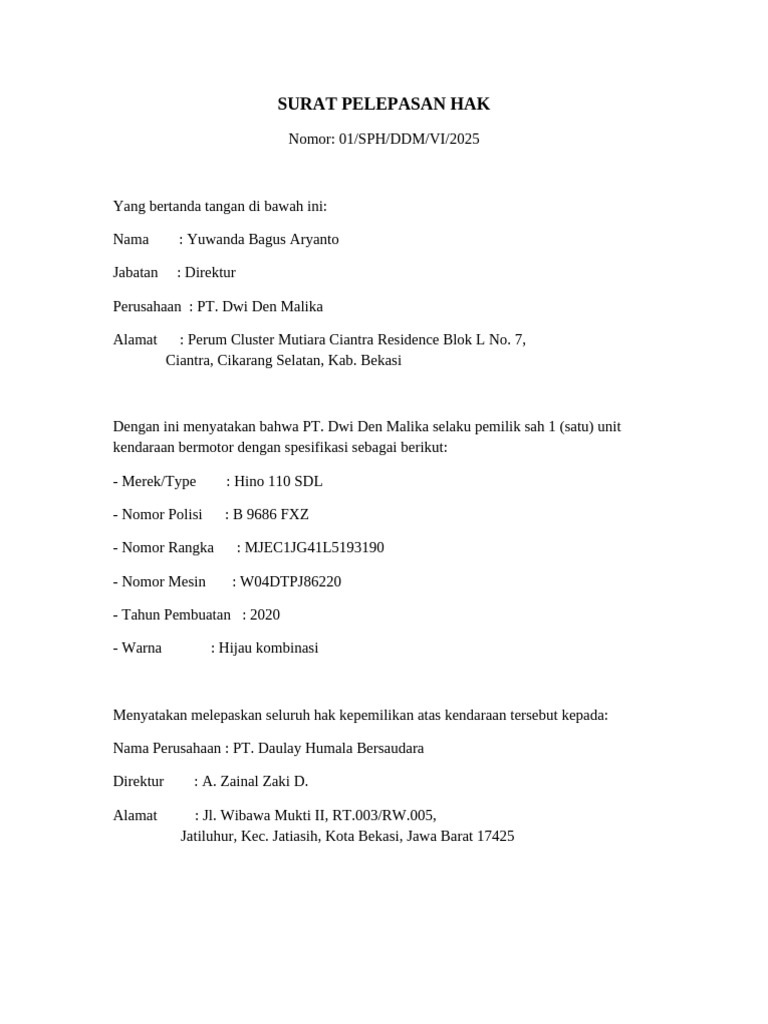 Surat Pelepasan Hak Kendaraan Hino 2025 | PDF