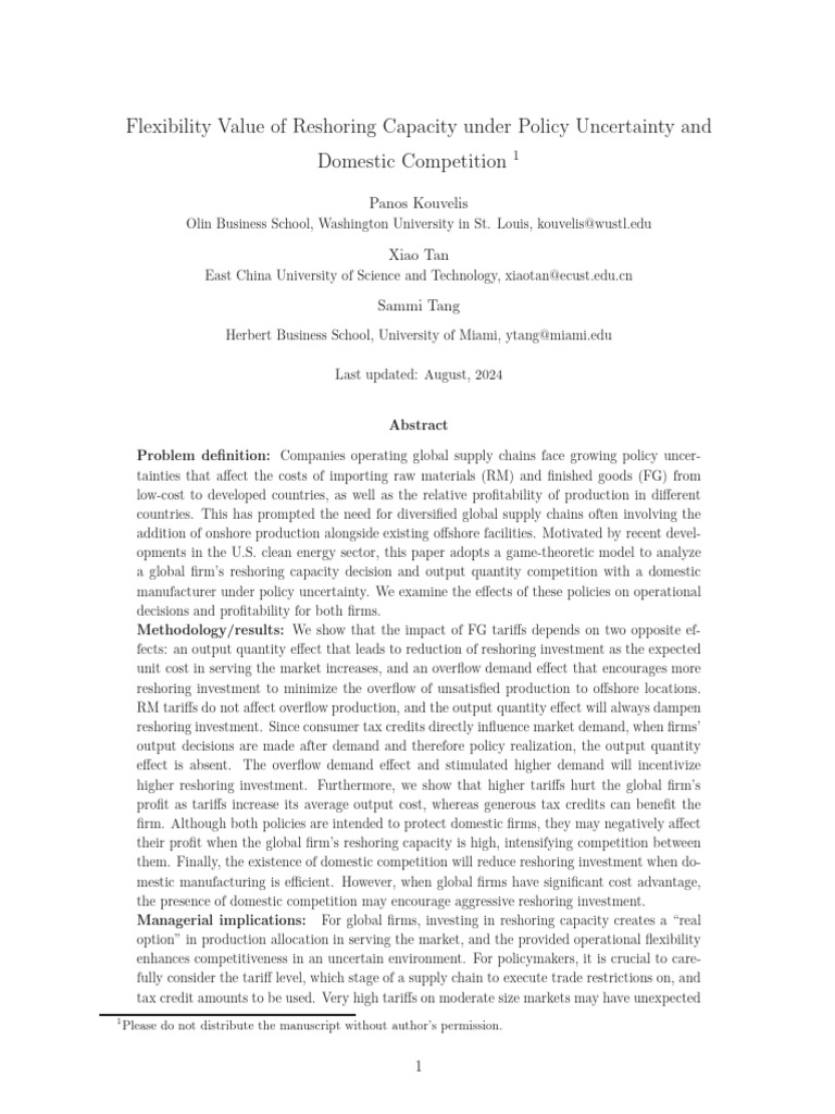 Flexibility Value of Reshoring Capacity Under Policy Uncertainty and ...