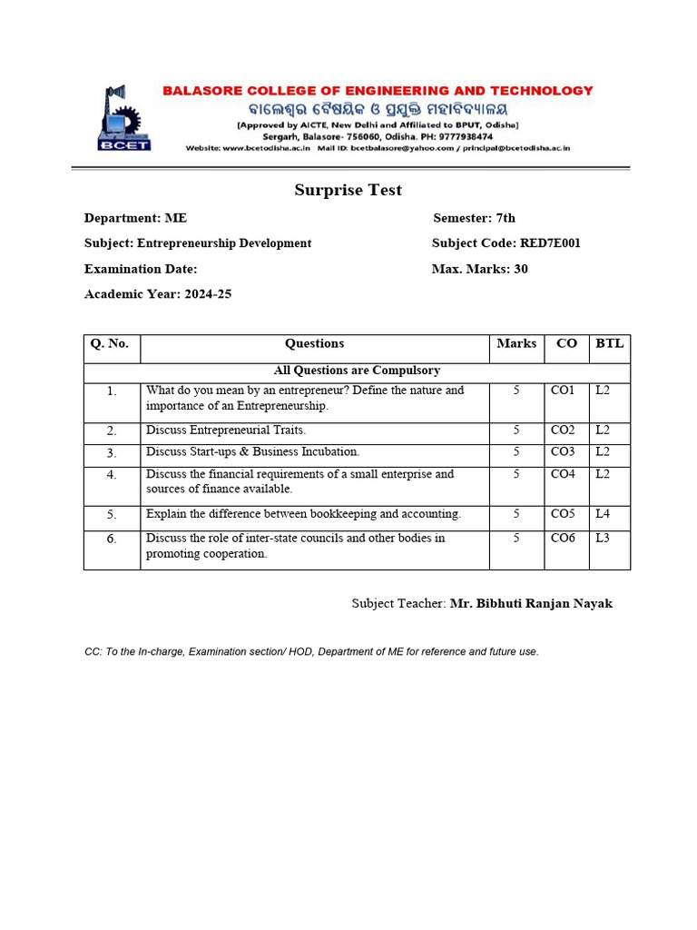 ED Surprise Test - ME | PDF