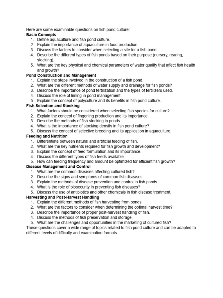 Examinable Questions On Fish Pond Culture | PDF | Aquaculture | Pond
