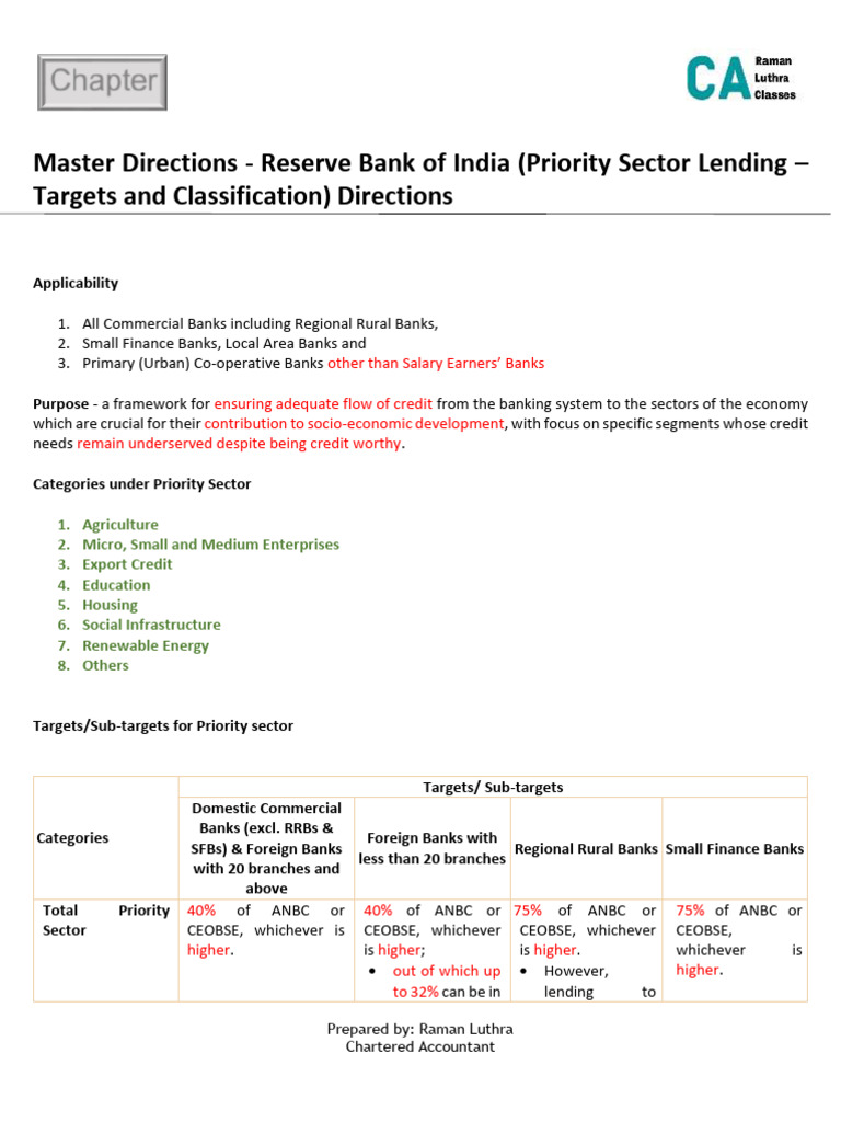RBI Priority Sector Lending Guidelines | PDF | Loans | Banks