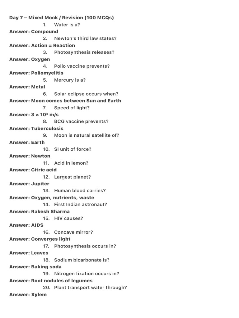 100 MCQs for Science Revision | PDF | Sun | Oxygen